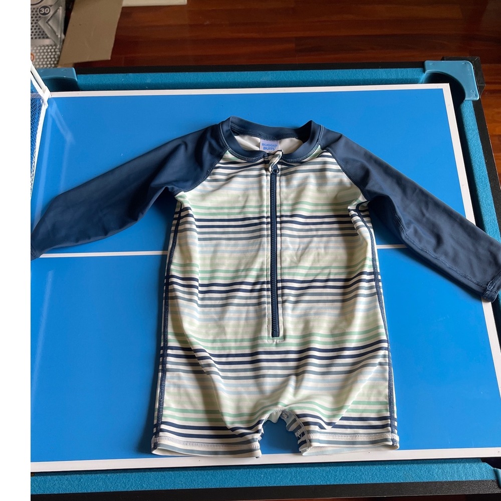 RuggedButts Boys Blue Striped Long Sleeve One Piece Rash Guard Swimsuit 18-24M